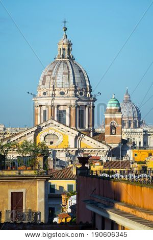 San Carlo al Corso and Saint Peter's domes from piazza di Spagna in Rome, autumn Italy