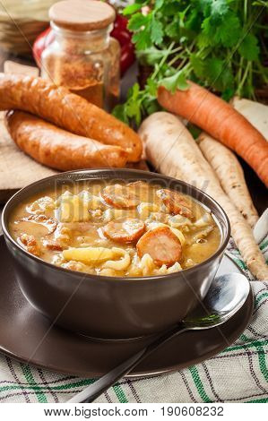 Traditional Polish Split Pea Soup With Sausage, Bacon And Potatoes