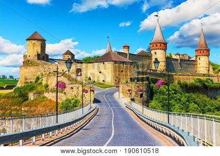 Scenic summer view of ancient fortress castle in Kamianets-Podilskyi, Khmelnytskyi Region, Ukraine