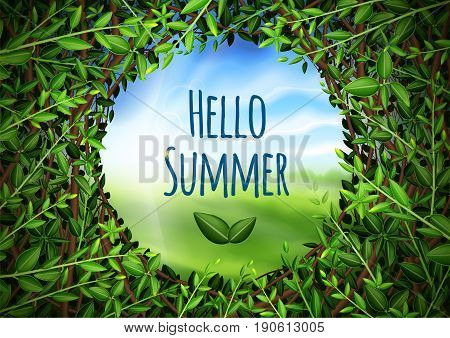 Magic poster with inscription hello summer. View through a hole in the bushes. Holiday and Summer Camp poster. Vector stock eps 10