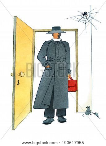 A man in a hat and a gray mackintosh with a red briefcase in his hand is standing in the doorway. The gray mouse sits near the hole in the floor. A spider in a web in the corner of the room.