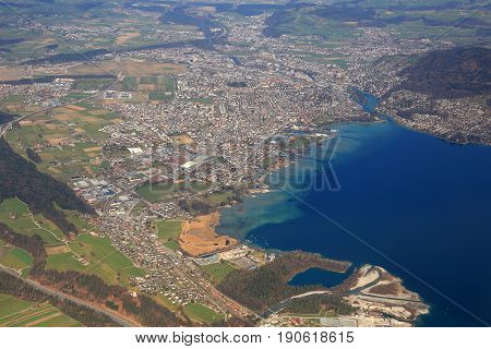Thun Thunersee Thuner See Lake Panorama Overview Switzerland Town City Aerial View Photography