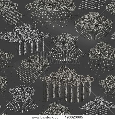 Vector Seamless Chalk Pattern Of Rain Clouds.