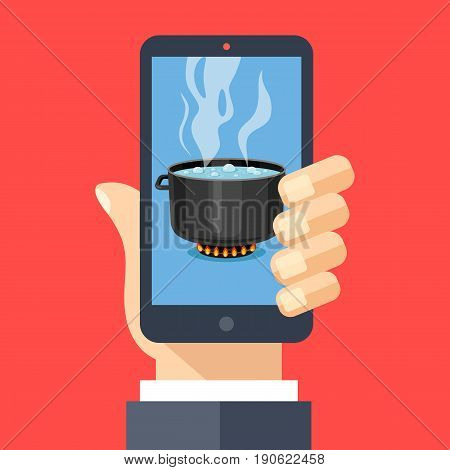 Cooking app, food blog concepts. Hand holding smartphone with hot cooking pot on stove with steam on screen. Mobile phone and boiling water in pan. Modern flat design vector illustration