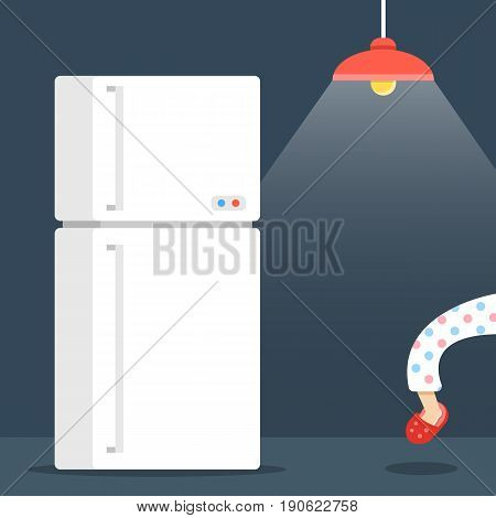 Night eating, night hunger concept. Dark room, ceiling lamp, refrigerator. Person sneaking into the fridge at night. Creative cartoon vector illustration