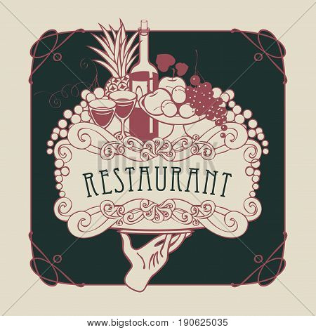 Vector restaurant menu with a picture of a hand with a tray on which is a still life with two glasses of wine bottle and fruits in a Baroque style with a curly frame.