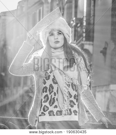 Elegant Traveller Woman In Venice, Italy In Winter With Map