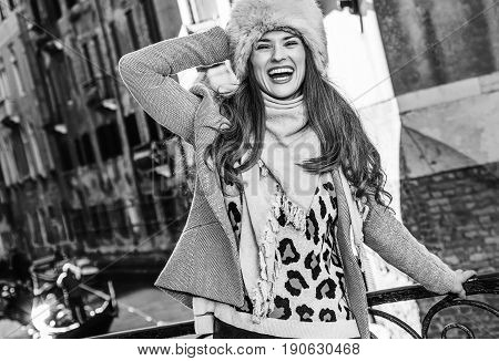Traveller Woman In Venice, Italy In Winter Enjoying Promenade