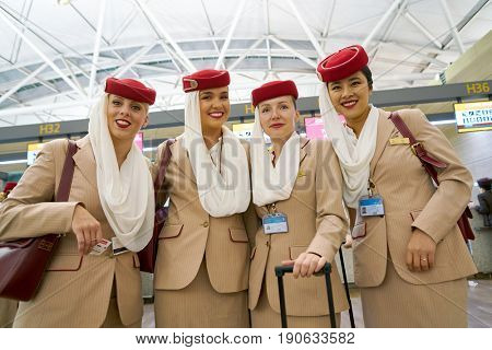 INCHEON, SOUTH KOREA - CIRCA MAY, 2017: Emirates crew members at Incheon International Airport.