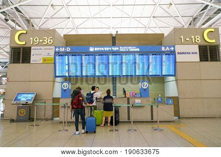 INCHEON, SOUTH KOREA - CIRCA JUNE, 2017: check-in flight information board at Incheon International Airport.