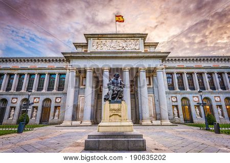 MADRID, SPAIN - NOVEMBER 18, 2014: The Prado Museum facade. Established in 1819, the museum is considered the best collection of Spanish art and one of the world's finest collections of European art.