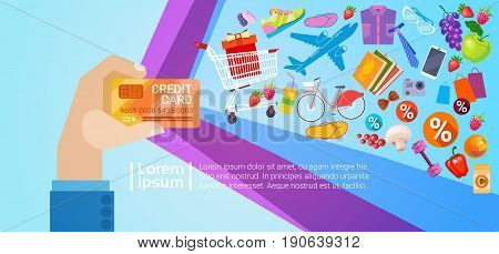 Hands Holding Credit Card Discount Tag Sale Online Shopping Special Offer Banner Flat Vector Illustration