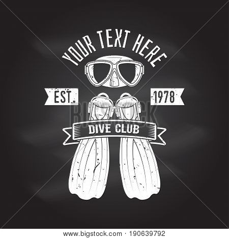 Scuba turtle dive club. Vector illustration on the chalkboard. Concept for shirt or logo, print, stamp or tee. Vintage typography design with diving mask and fins silhouette.