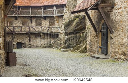 View on small courtyard of Czoch Castle in Lesna - Poland Europe.