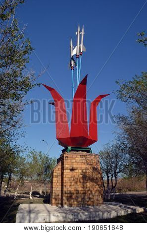 Tulip and missiles.Simbol of Priozersk-former Soviet  anti-ballistic missile testing range Sary Shagan.May 11, 2017.Priozersk.Kazakhstan