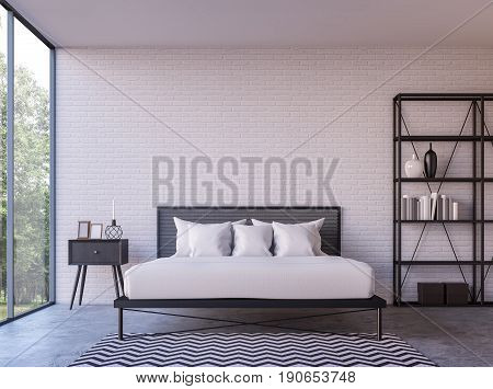 Modern loft bedroom with nature view 3d rendering image Furnished with Black steel furniture has white brick walls and large windows look out to nature.