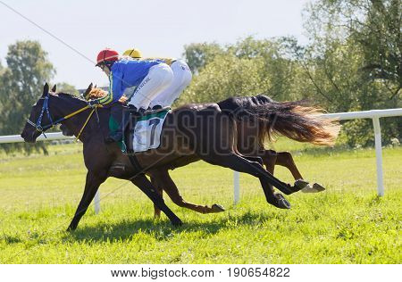 STOCKHOLM SWEDEN - JUNE 06 2017: Tough fight between two jockeys riding gallop arabian race horses at Nationaldags Galoppen at Gardet. June 6 2017 in Stockholm Sweden