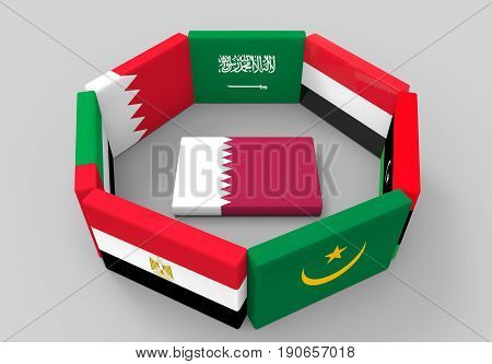 3d rendering. qatar country flag on the floor which surround by some middle east country flags.