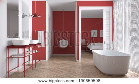 Minimalist white and red scandinavian bathroom with bedroom in background classic interior design, 3d illustration