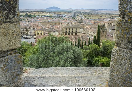 View from battlement Castle to the centre of medieval Trujillo town Spain. Extremadura