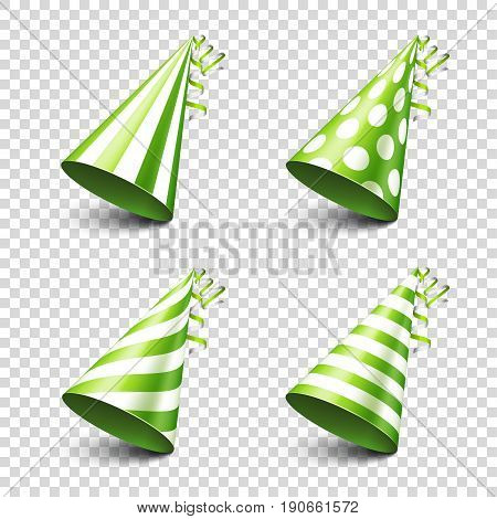 Party shiny hat with ribbon. Holiday decoration.Celebration.Birthday.Vector illustration on transparent background. Set.