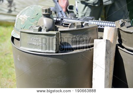WROCLAW POLAND - JUNE 3: Reconstruction groups rally. Militarians fan gathering people in uniforms historical vehicles and weapons. Weapon mines helmet and equipment from Vietnam War on June 3rd 2017 in Wroclaw.