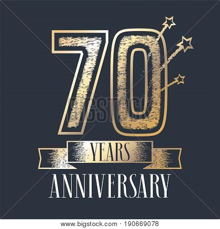 70 years anniversary vector icon, logo. Graphic design element with ribbon and golden color and grunge texture number for 70th anniversary ceremony