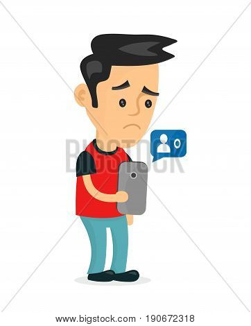 Sad young man holding smartphone mobile phone with sign no friends.Vector modern flat style cartoon character illustration icon design.Isolated on white background. failure in social media network