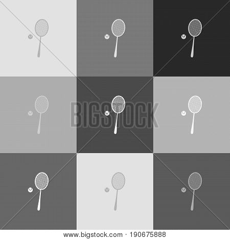 Tennis racquet with ball sign. Vector. Grayscale version of Popart-style icon.