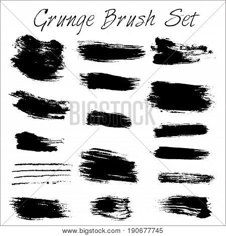 Set of black paint, ink brush strokes. Dirty artistic design elements, boxes, frames, backgrounds, textures. Vector