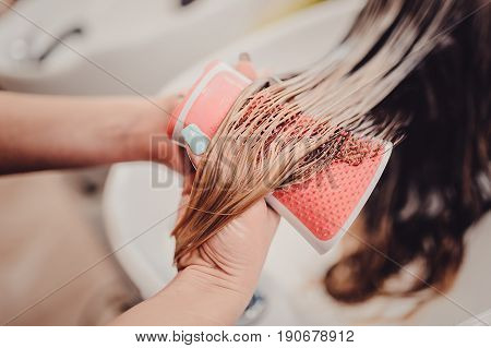 Stylist Brushing Woman Hair In Salon Pool