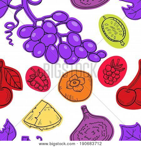 Colorful vector seamless pattern with fruits. Abstract healthy food background with fruits for wallpaper, web page background, wrapping, textile and scrapbook.