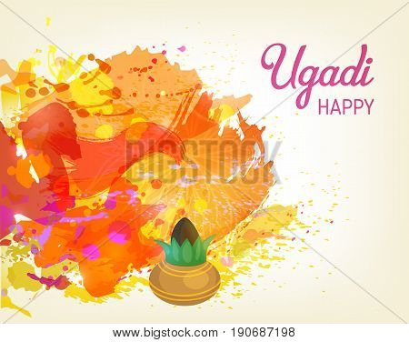 Happy Ugadi Festival. Indian Fest Party celebration. Spring New Year. Watercolor background with mandala. Template with text for creative flyer, banner, greeting card, poster. Vector illustration.