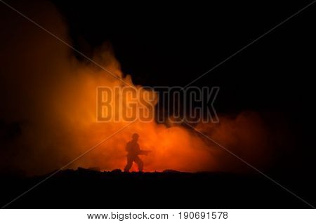 War Concept. Military Silhouettes Fighting Scene On War Fog Sky Background, World War Soldiers Silho