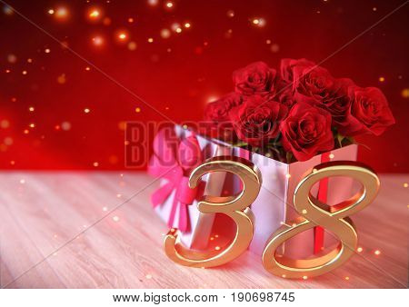 birthday concept with red roses in the gift on wooden desk. 3D render - thirty-eighth birthday. 38th