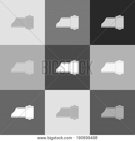 Old photo camera casset sign. Vector. Grayscale version of Popart-style icon.