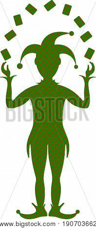 Green and brown checked silhouette of Joker playing with cards on white background