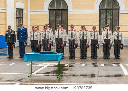KYIV, UKRAINE - May 26, 2017: Students of the Kiev military lyceum of Ivan Bohun take part in the celebrations dedicated to the end of the academic year.