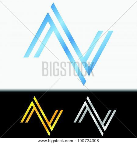 Initial letter VV premium blue metallic rotated lowercase logo template in white background, and custom preview in gold and silver color