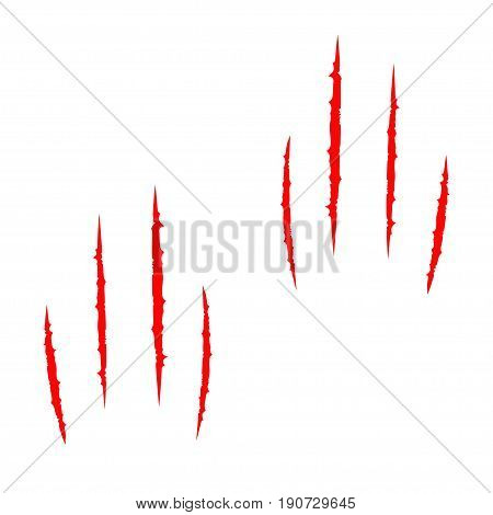 Two red bloody claws animal scratch scrape track set. Cat tiger scratches paw. Four nails trace. Funny element. Flat design. White background. Isolated. Vector illustration