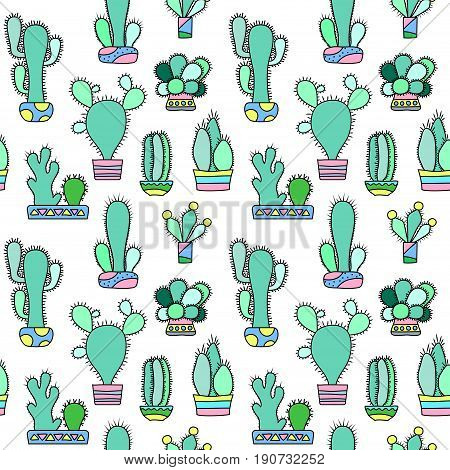 Mint cactus vector seamless pattern on white background. House plants pattern tile. Cacti flowerpot pattern for textile or wrapping paper. Trendy hipster cactus doodle background. Succulent texture