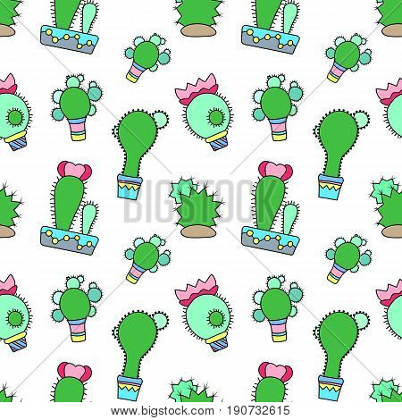 Blooming cactus vector seamless pattern on white background. Green plants pattern tile. Cacti flowerpot pattern for textile or wrapping paper. Cactus doodle background. Succulent texture paper print