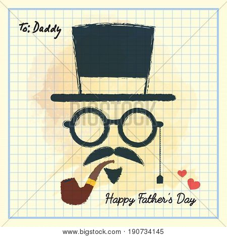 Happy Father's Day. Men face in retro hipster style with hat, eyeglasses, mustache and beard, tobacco pipe on square notebook paper. Hand drawing of vintage old men's accessories.