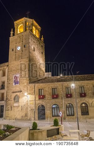 Clock Tower in Andalucia Square at night Ubeda Jaen Spain