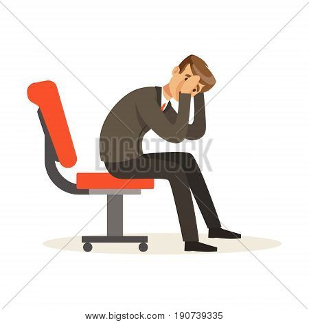 Unfortunate businessman dissatisfied with his work sitting on the chair, unsuccessful character vector Illustration isolated on a white background