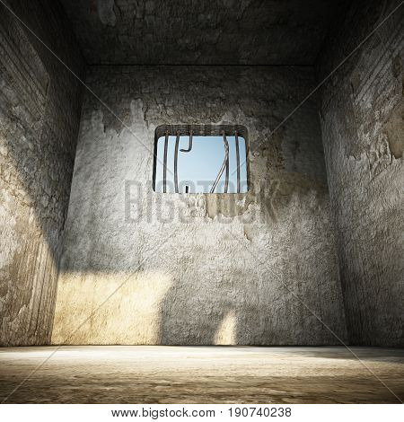 Prison cell with broken prison bars on the window. 3D illustration.