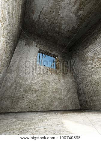 Prison cell with broken prison bars on the window. 3D illustration.