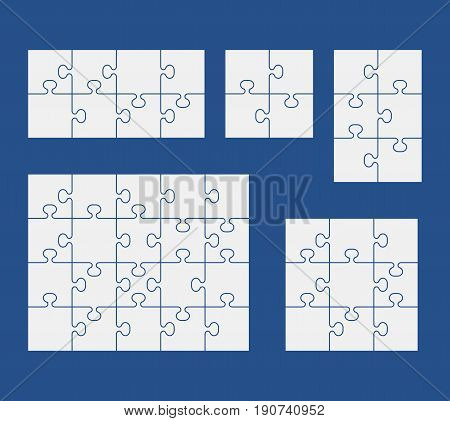 Puzzles on blue background. Set of puzzle 4, 6, 8, 9, 20 pieces. Vector illustration