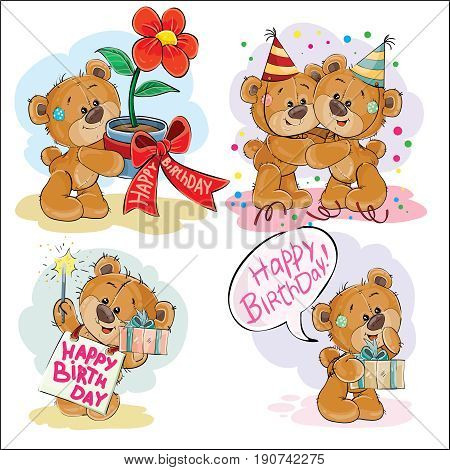 Set of vector clip art illustrations of brown teddy bear wishes you a happy birthday. Print, template, design element for greeting cards