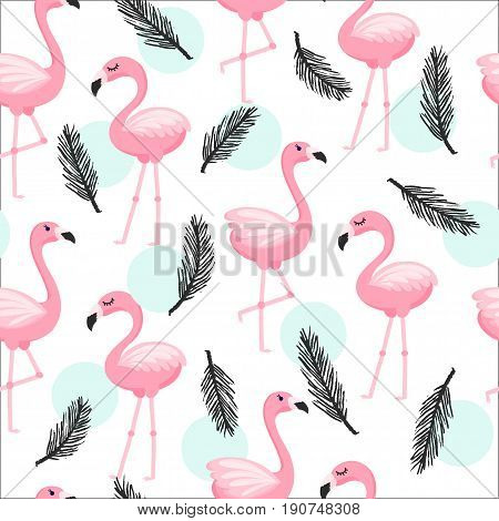 Tropical trendy seamless pattern with pink flamingos and mint green palm leaves. Exotic Hawaii art background. Design for fabric and decor.